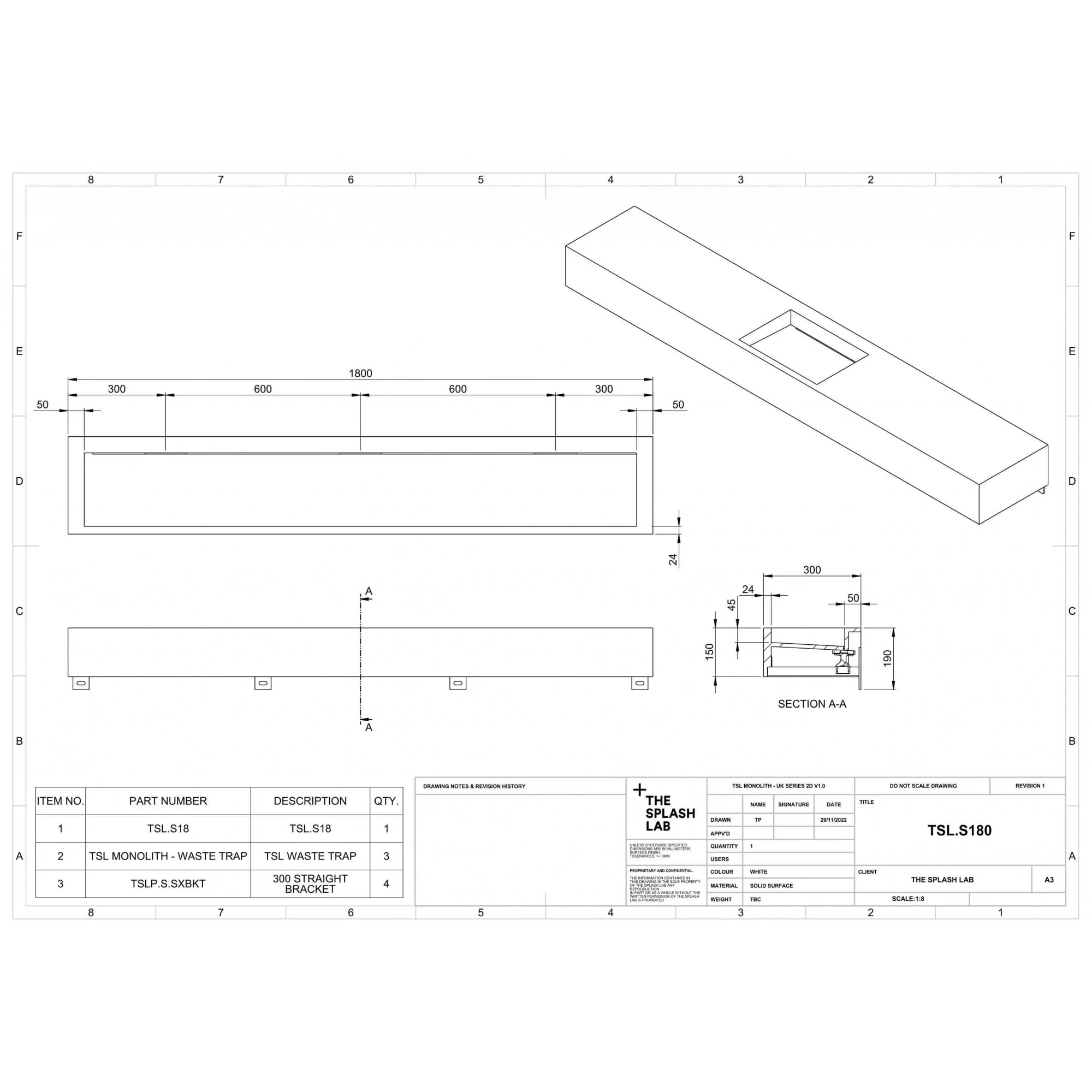 The Monolith S, M or L Series Wall Mounted Wash Basin L.1800mm (300, 450 or 600mm Depth) - Image 4