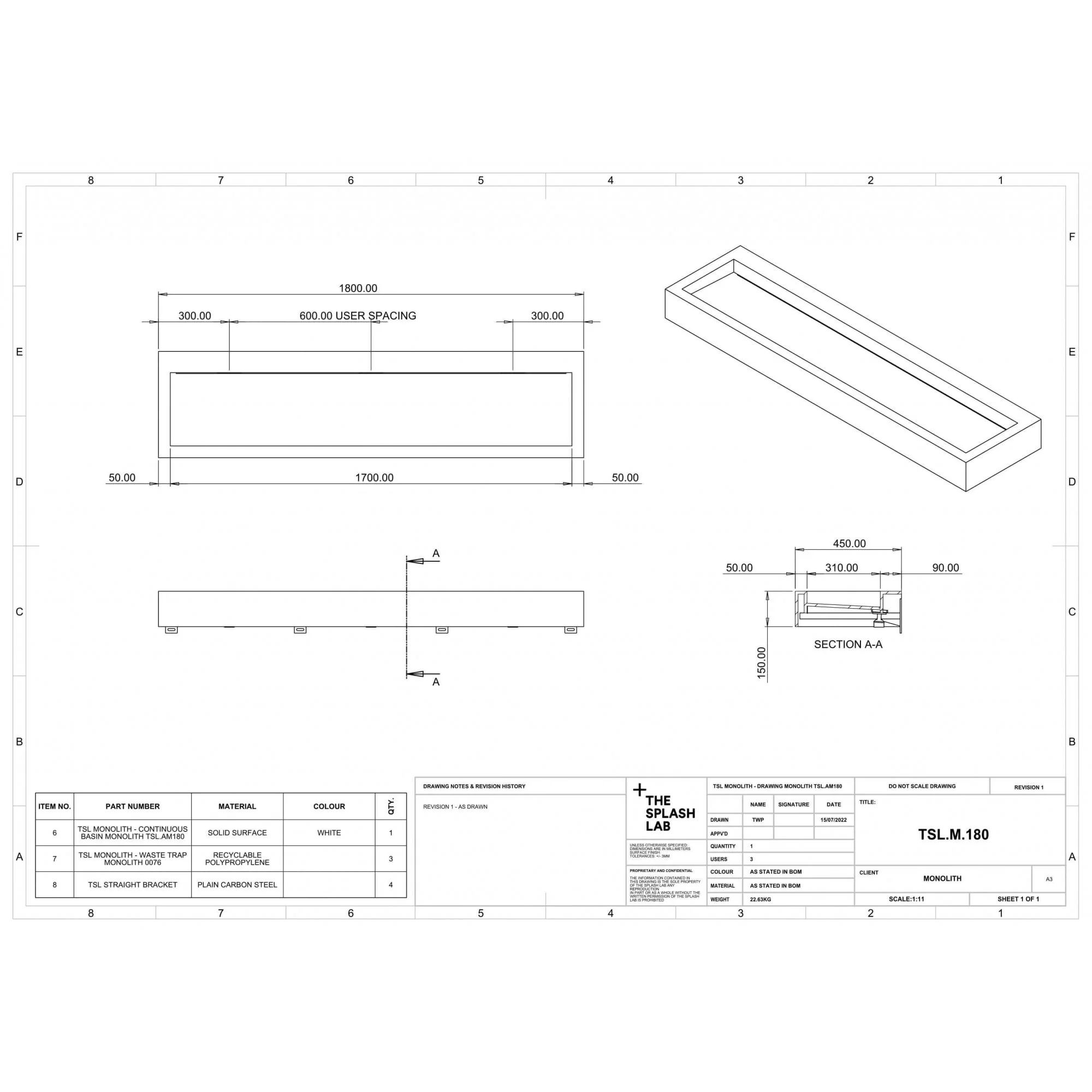 The Monolith S, M or L Series Wall Mounted Wash Basin L.1800mm (300, 450 or 600mm Depth) - Image 5