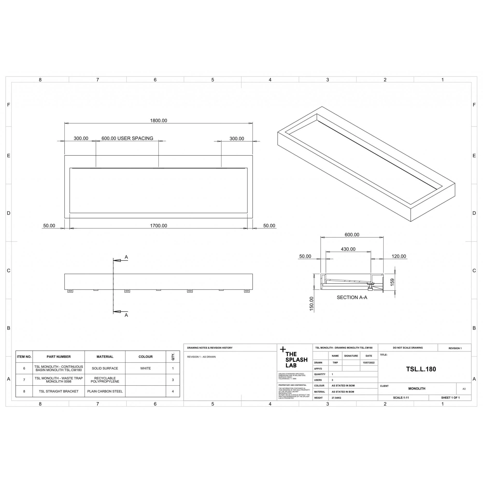 The Monolith S, M or L Series Wall Mounted Wash Basin L.1800mm (300, 450 or 600mm Depth) - Image 6