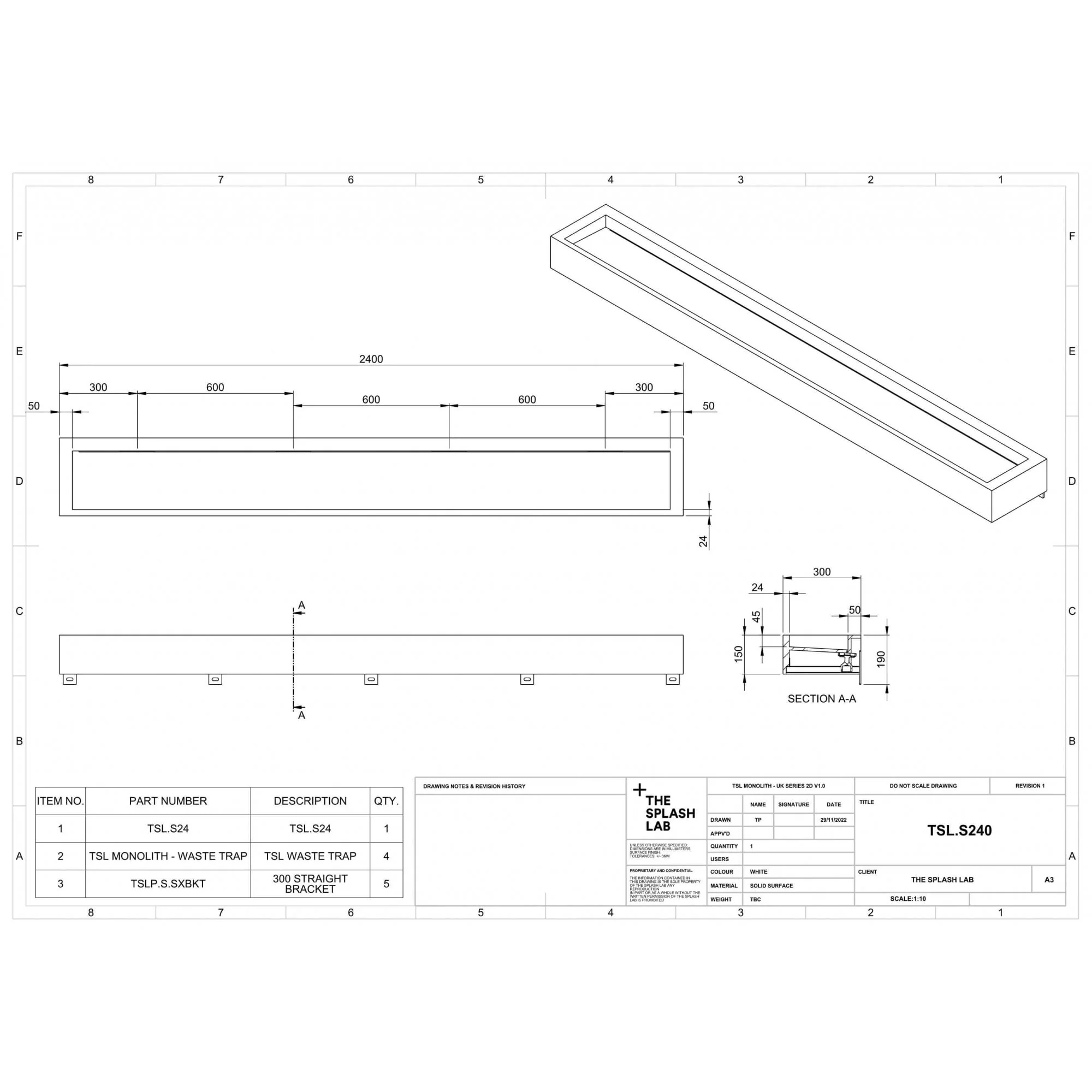 The Monolith S, M or L Series Wall Mounted Wash Basin L.2400mm (300, 450 or 600mm Depth) - Image 4