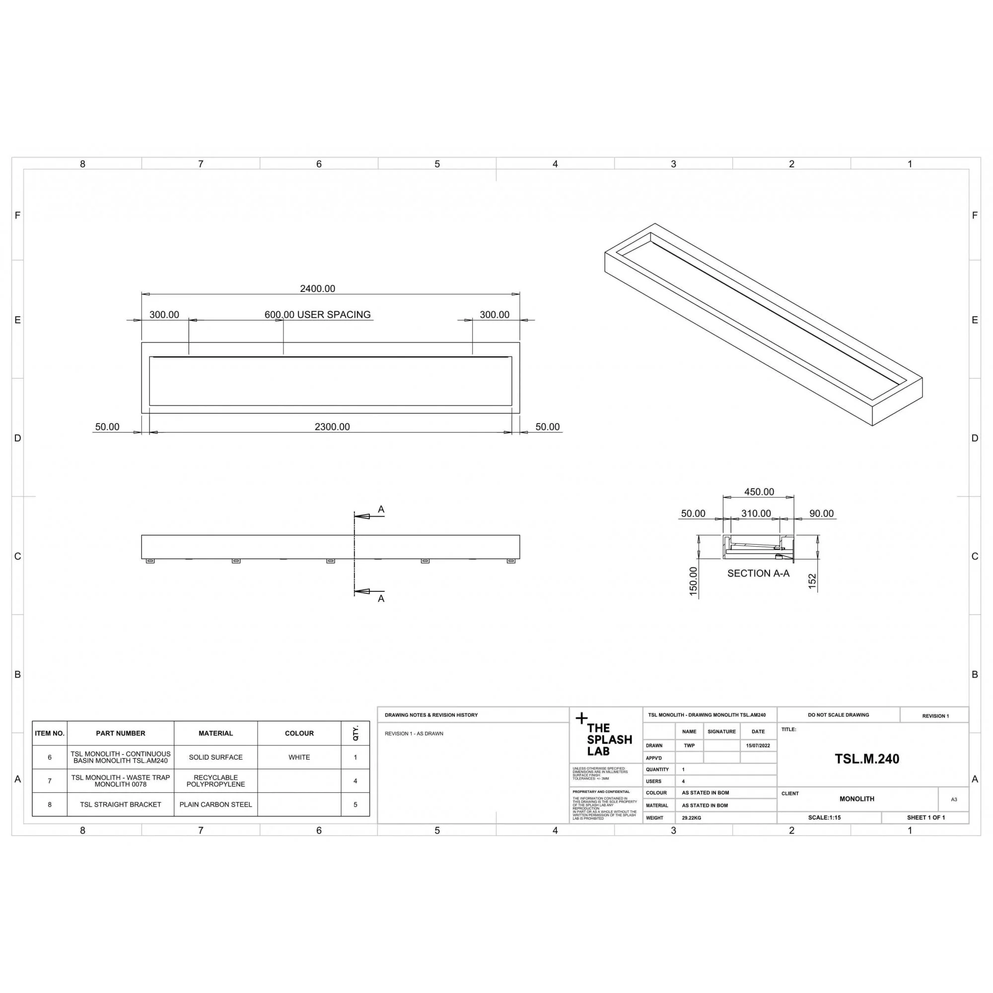 The Monolith S, M or L Series Wall Mounted Wash Basin L.2400mm (300, 450 or 600mm Depth) - Image 5