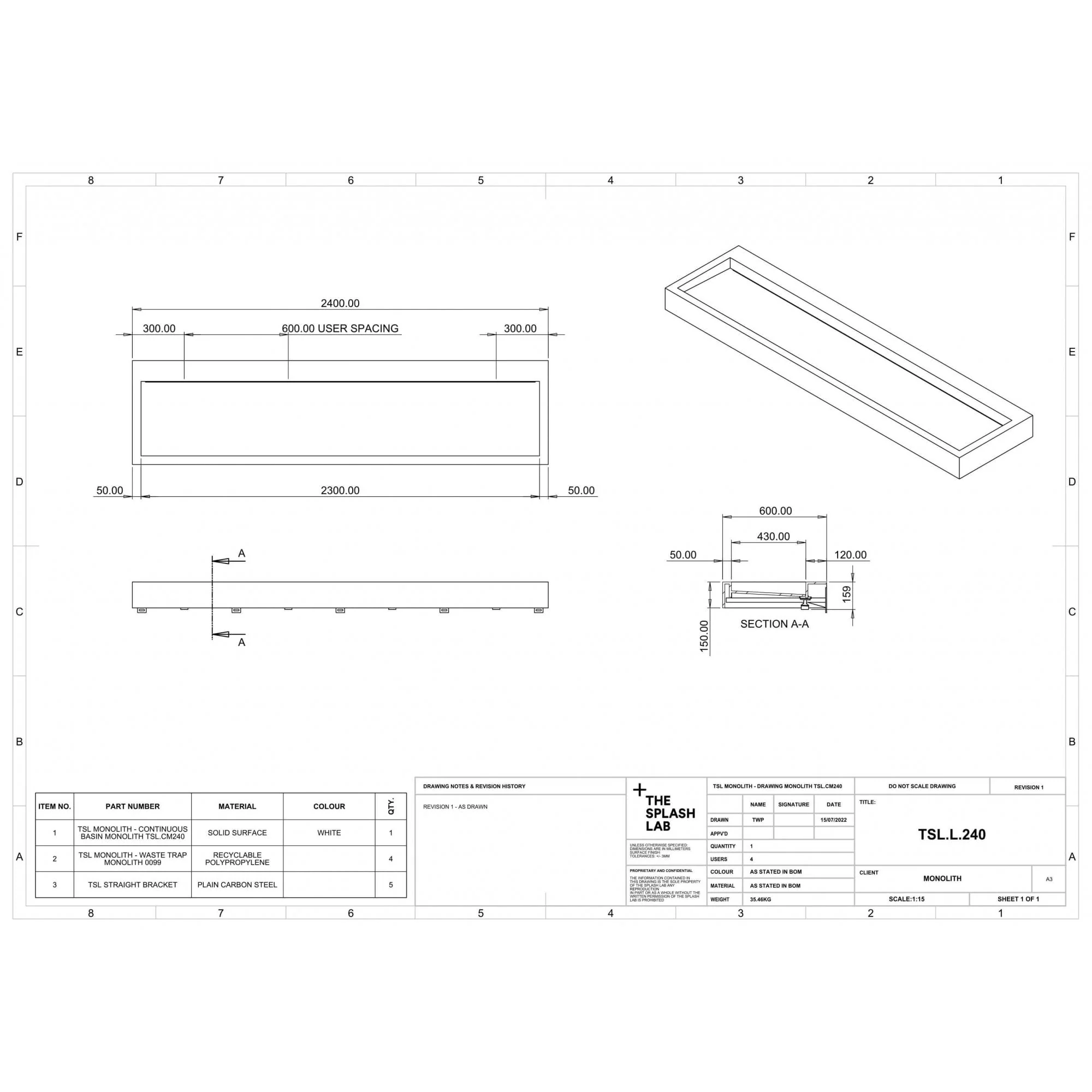 The Monolith S, M or L Series Wall Mounted Wash Basin L.2400mm (300, 450 or 600mm Depth) - Image 6