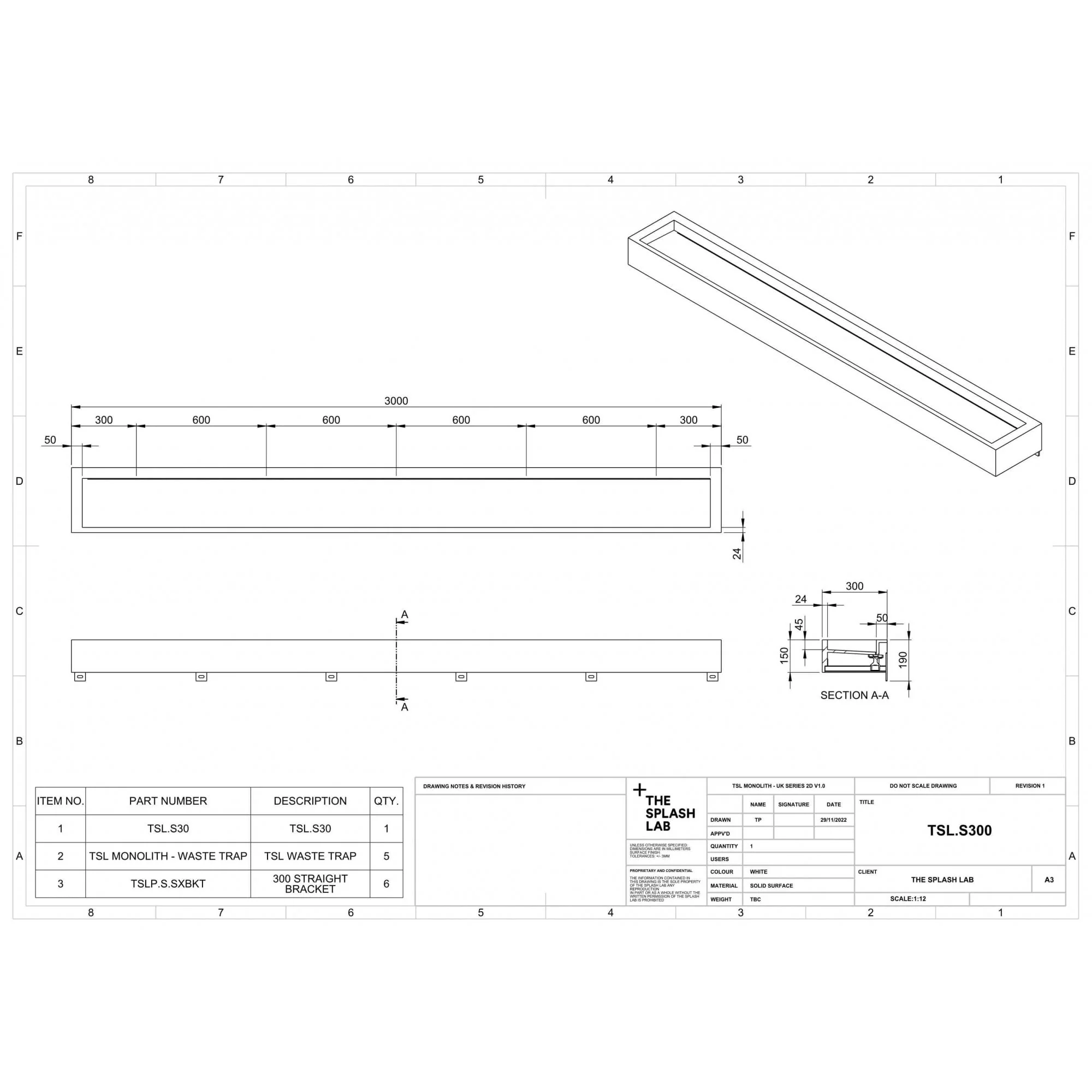 The Monolith S, M or L Series Wall Mounted Wash Basin L.3000mm (300, 450 or 600mm Depth) - Image 4