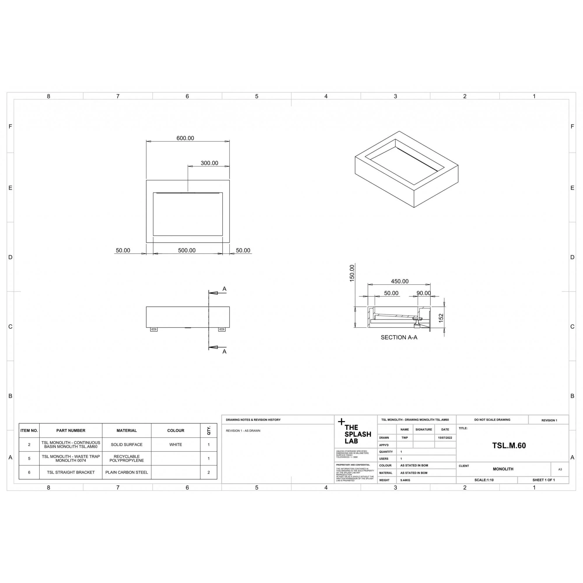 The Monolith S, M or L Series Wall Mounted Wash Basin L.600mm (300, 450 or 600mm Depth) - Image 6