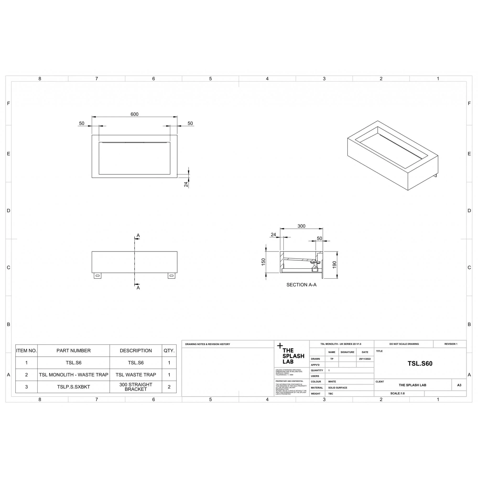 The Monolith S, M or L Series Wall Mounted Wash Basin L.600mm (300, 450 or 600mm Depth) - Image 7