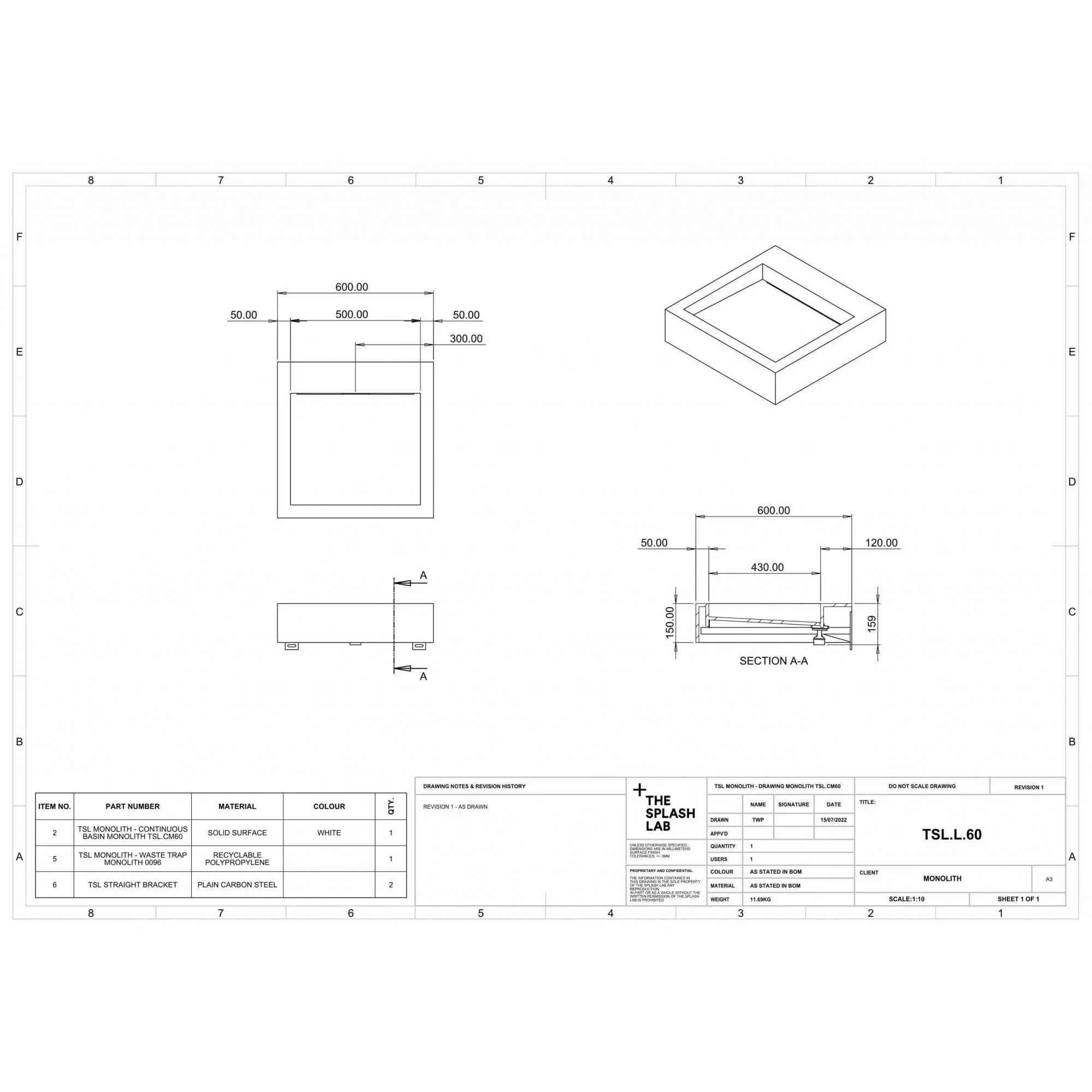 The Monolith S, M or L Series Wall Mounted Wash Basin L.600mm (300, 450 or 600mm Depth) - Image 8