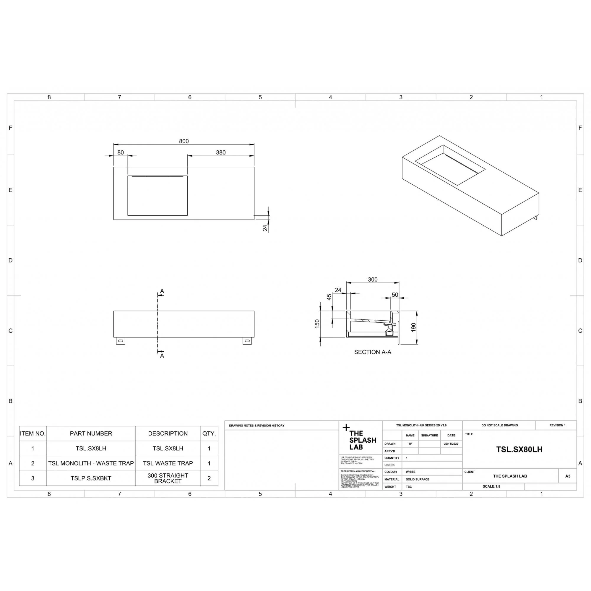 The Monolith S+ Series Wall Mounted Wash Basin With Large Right Hand Vanity Area 800x300 - Image 3