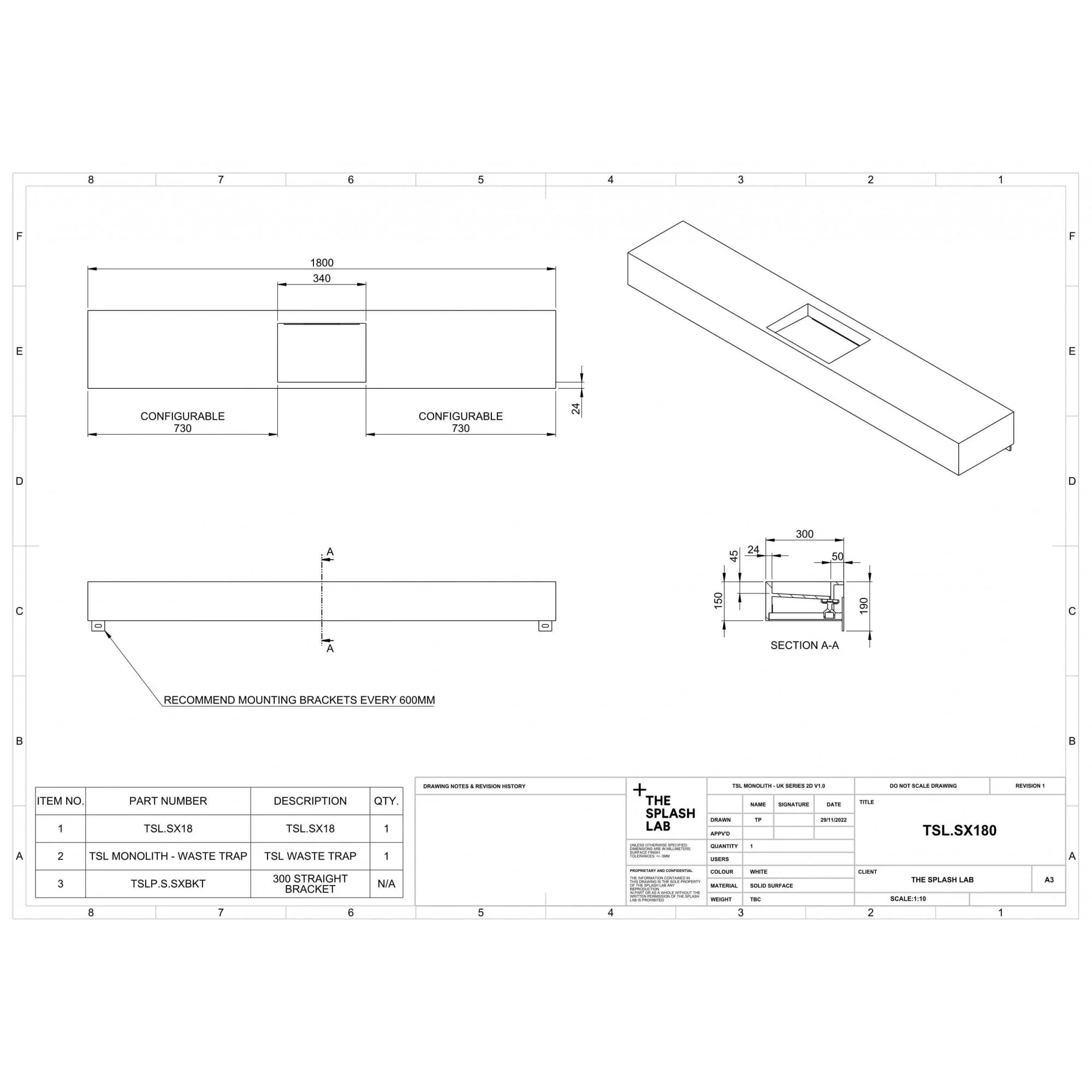 The Monolith S+ Series Wall Mounted Wash Basin With Large Vanity Area 1800x300 - Image 3