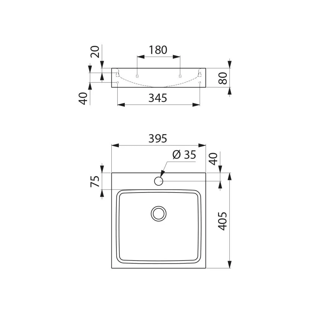 UNITO 395x405 Wall Mounted Stainless Steel Basin with Ø35 Centre Tap Hole 121830 / 121830BK - Image 3
