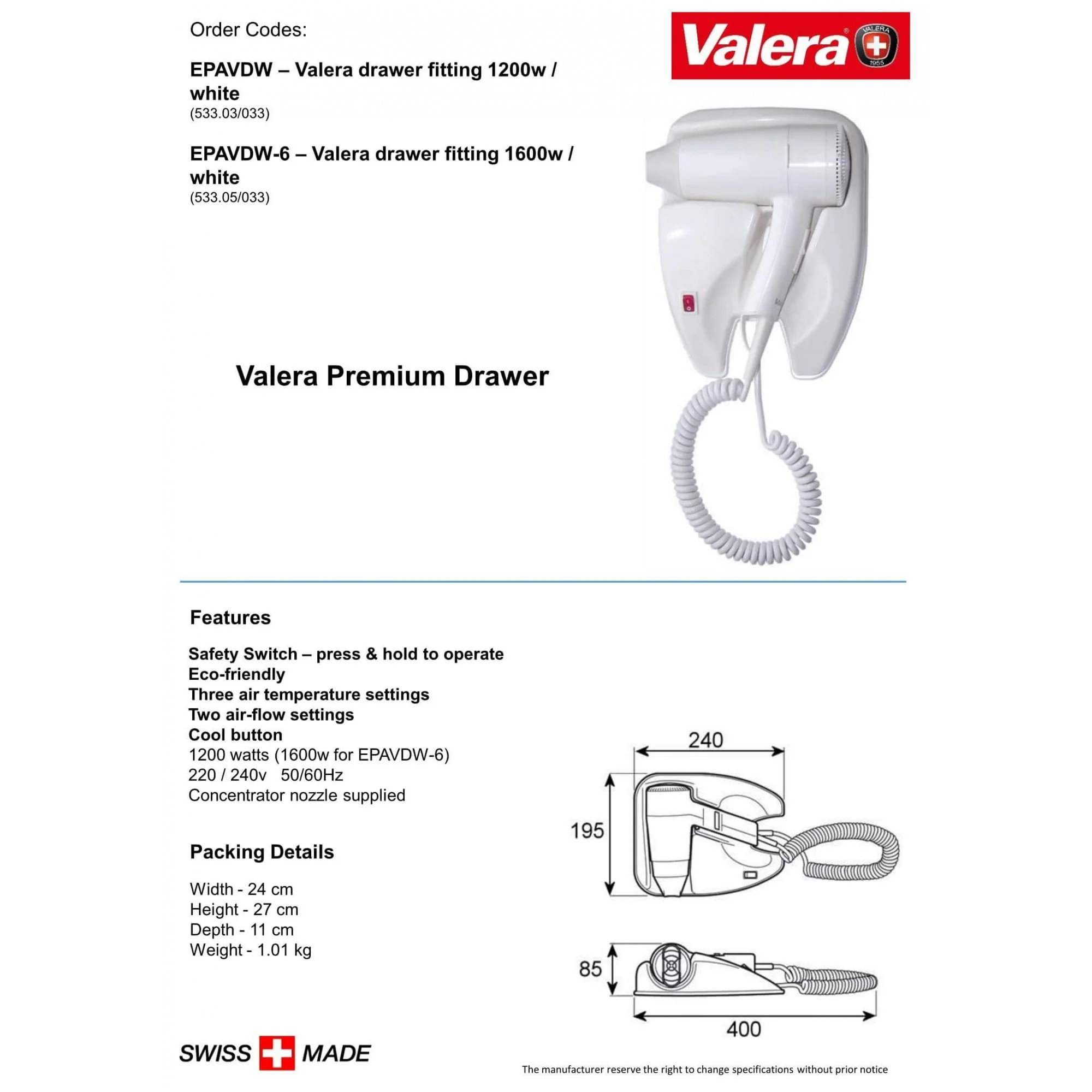 Valera Premium Drawer Hair Dryer 1200W or 1600W | EPAVDW / EPAVDW-6 - Image 3