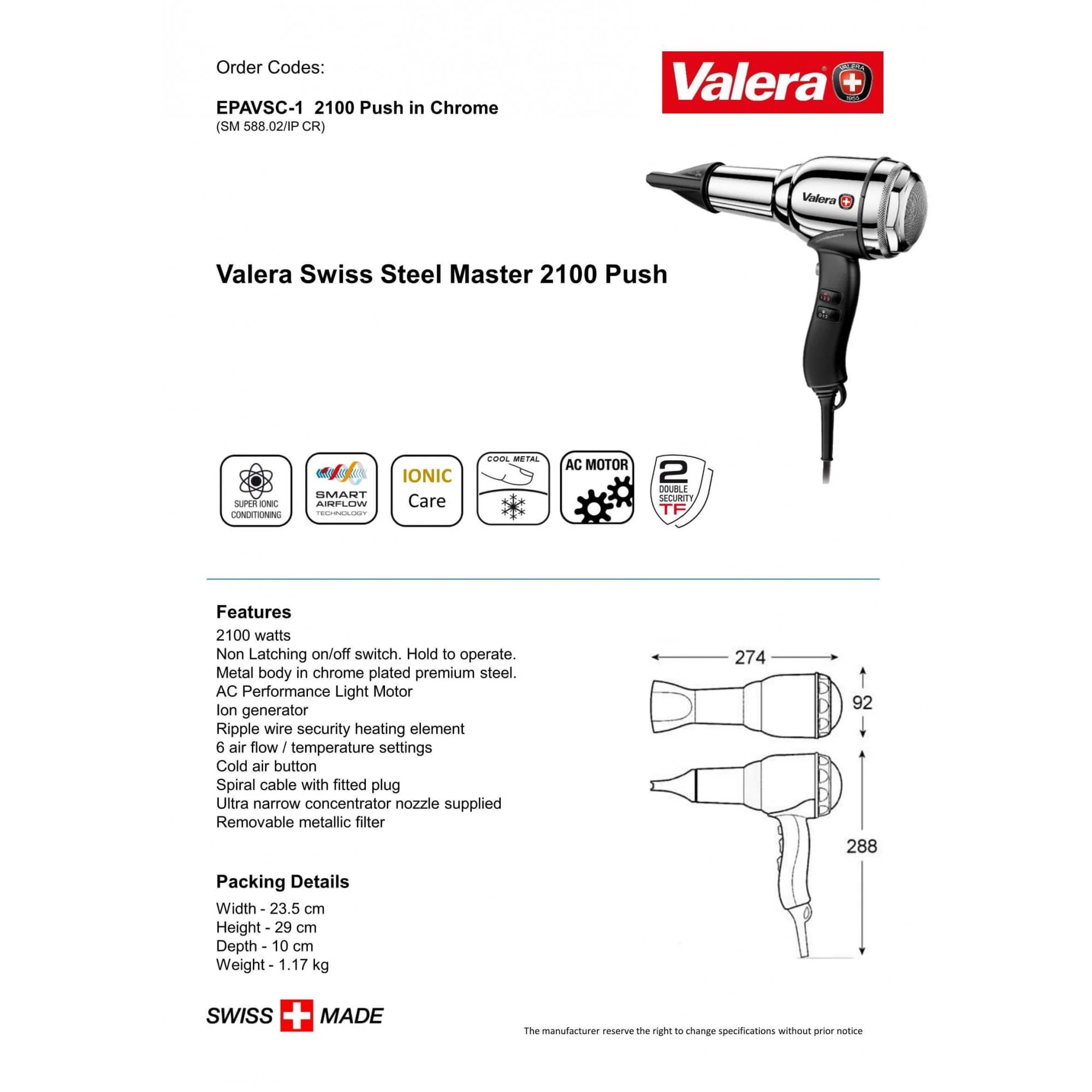 Valera Swiss Steel Master Ionic Hair Dryer 2100W | EPAVSC / EPAVSC-1 - Image 3