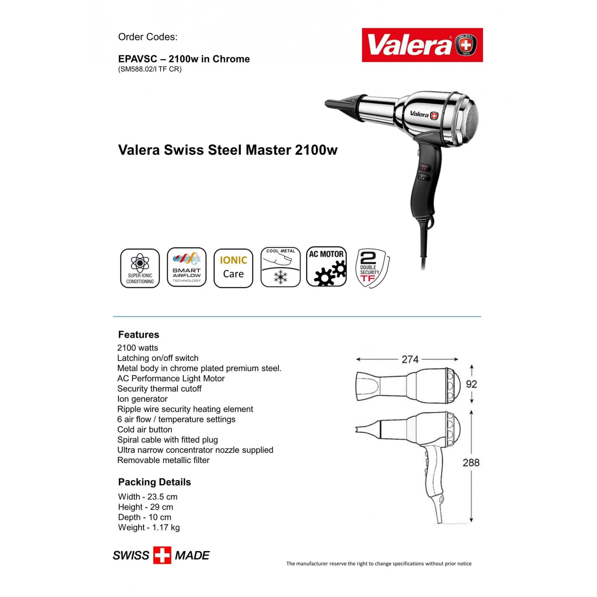 Valera Swiss Steel Master Ionic Hair Dryer 2100W | EPAVSC / EPAVSC-1 - Image 4